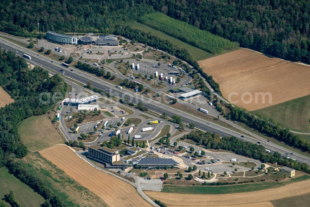 Aerial image Engen - Motorway service area on the edge of the course of BAB highway A81 Rastanlage Hegau in Engen in the state Baden-Wurttemberg, Germany