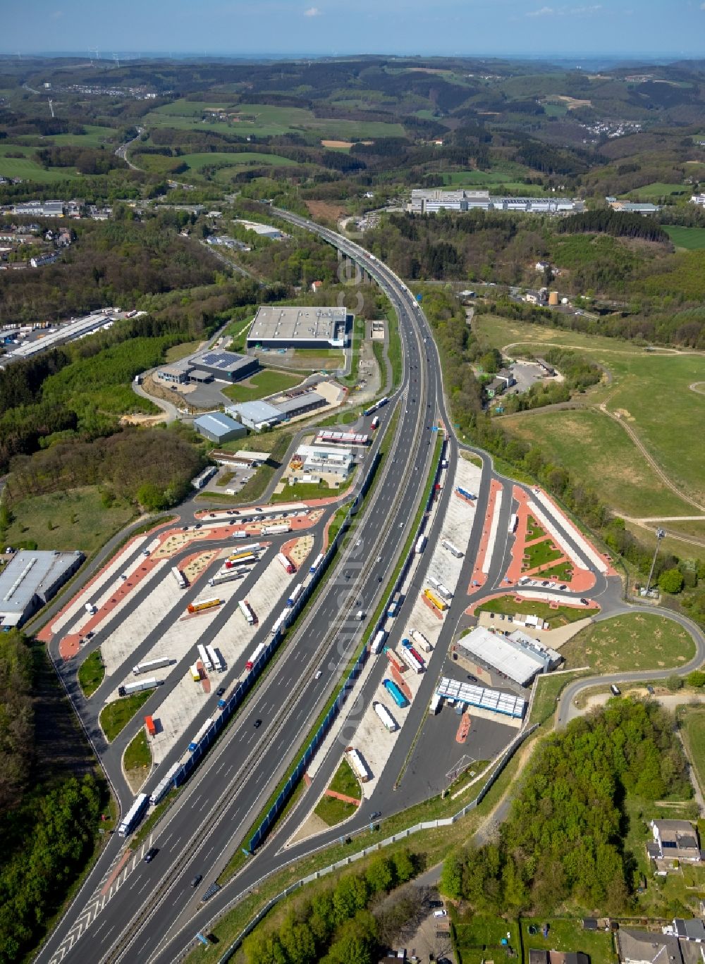 Lüdenscheid from above - Motorway service area Sauerland West on the edge of the course of BAB highway 45 in Luedenscheid in the state North Rhine-Westphalia, Germany