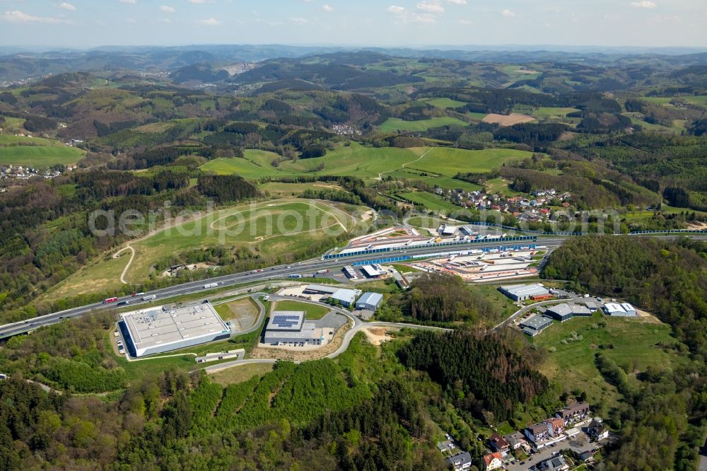 Aerial image Lüdenscheid - Motorway service area Sauerland West on the edge of the course of BAB highway 45 in Luedenscheid in the state North Rhine-Westphalia, Germany