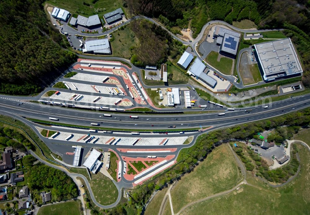 Lüdenscheid from above - Motorway service area Sauerland West on the edge of the course of BAB highway 45 in Luedenscheid in the state North Rhine-Westphalia, Germany