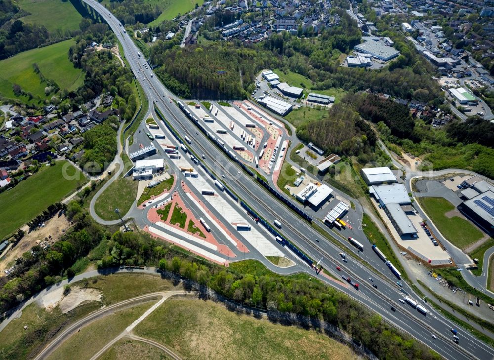 Lüdenscheid from above - Motorway service area Sauerland West on the edge of the course of BAB highway 45 in Luedenscheid in the state North Rhine-Westphalia, Germany