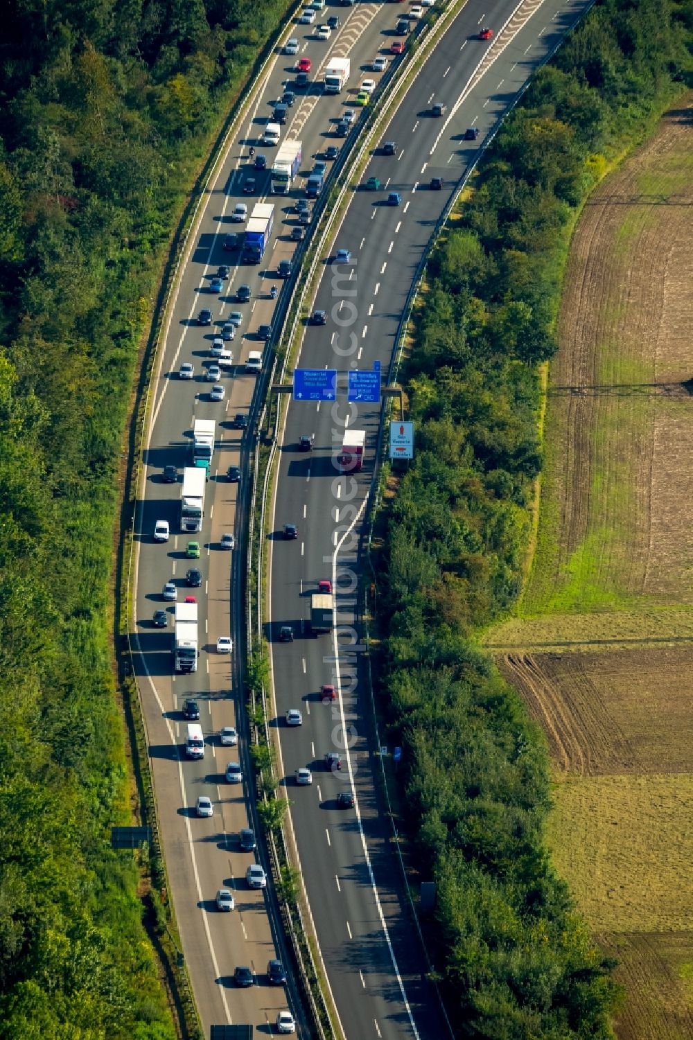 Aerial image Bochum - Highway congestion along the route of the lanes A43 junction Bochum-Laer in Bochum in the state North Rhine-Westphalia