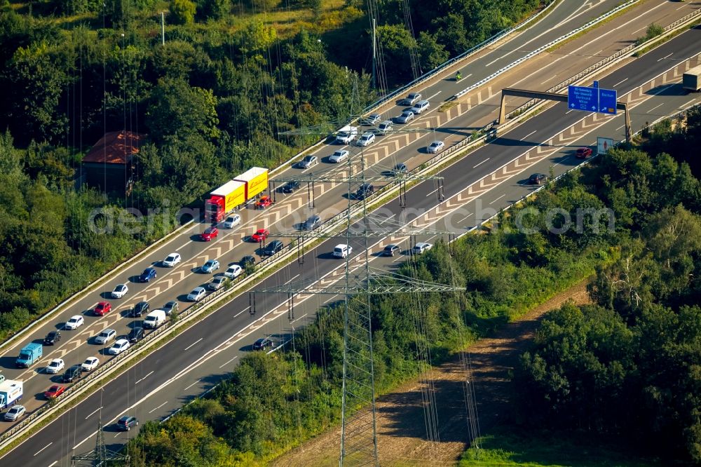 Bochum from above - Highway congestion along the route of the lanes A43 junction Bochum-Laer in Bochum in the state North Rhine-Westphalia