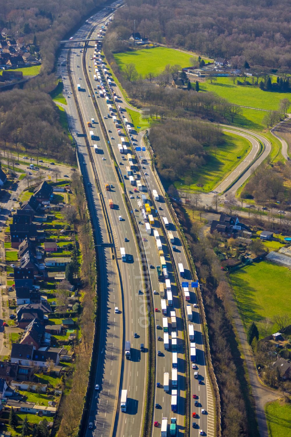 Bottrop from above - Motorway congestion along the route of the lanes BAB A2 in the district Eigen in Bottrop at Ruhrgebiet in the state North Rhine-Westphalia, Germany