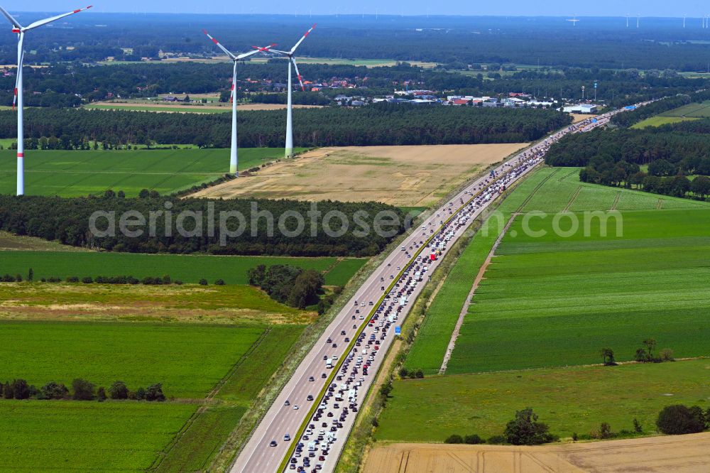 Buchholz (Aller) from above - Motorway congestion along the route of the lanes BAB A7 in Buchholz (Aller) in the state Lower Saxony, Germany