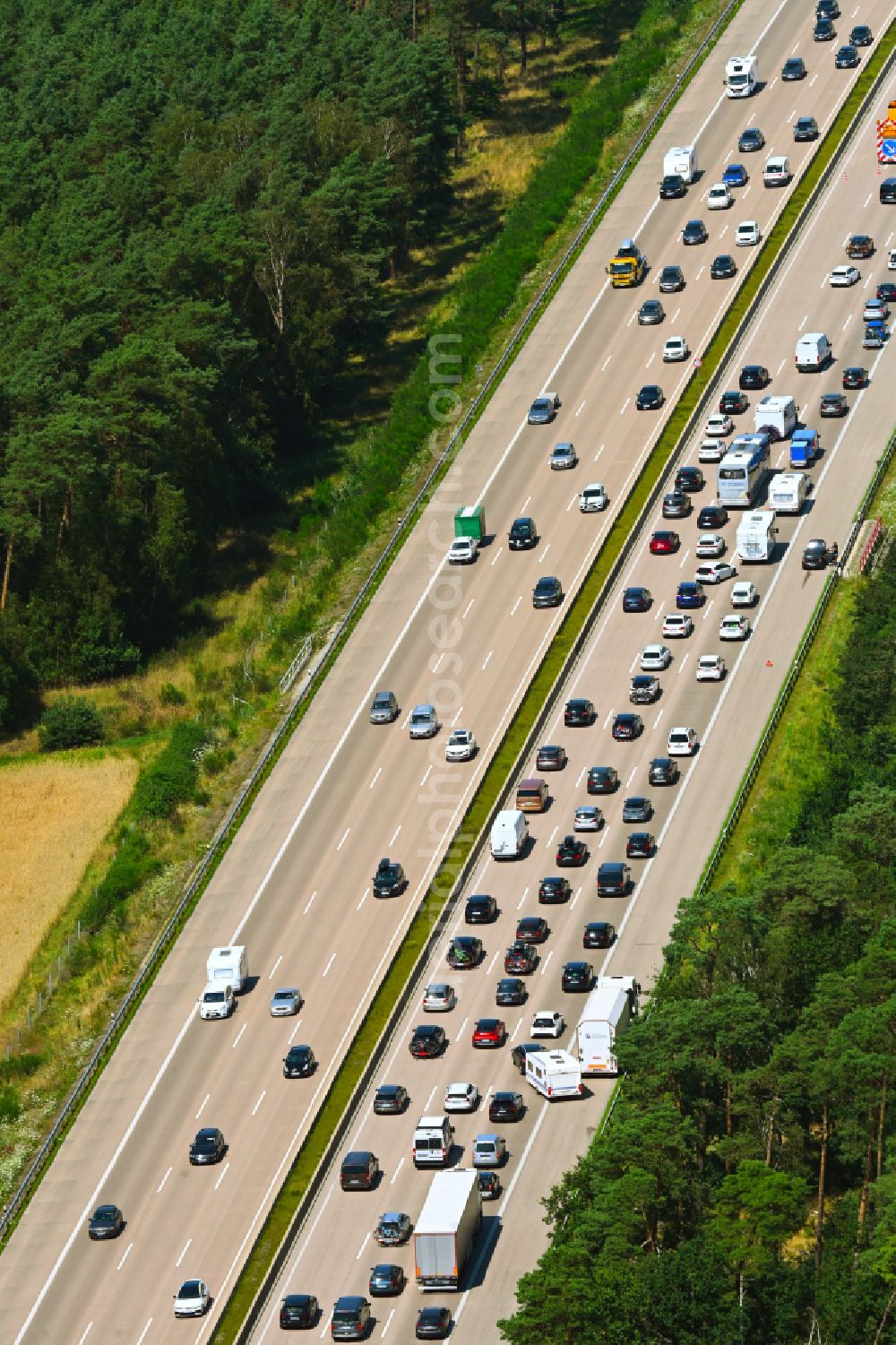 Buchholz (Aller) from the bird's eye view: Motorway congestion along the route of the lanes BAB A7 in Buchholz (Aller) in the state Lower Saxony, Germany