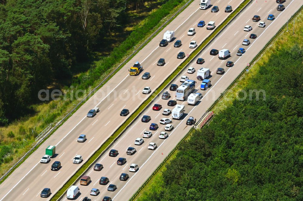 Buchholz (Aller) from above - Motorway congestion along the route of the lanes BAB A7 in Buchholz (Aller) in the state Lower Saxony, Germany