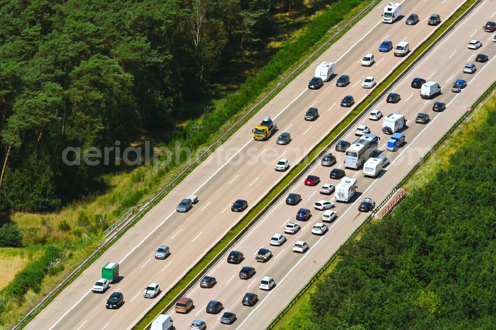 Buchholz (Aller) from the bird's eye view: Motorway congestion along the route of the lanes BAB A7 in Buchholz (Aller) in the state Lower Saxony, Germany