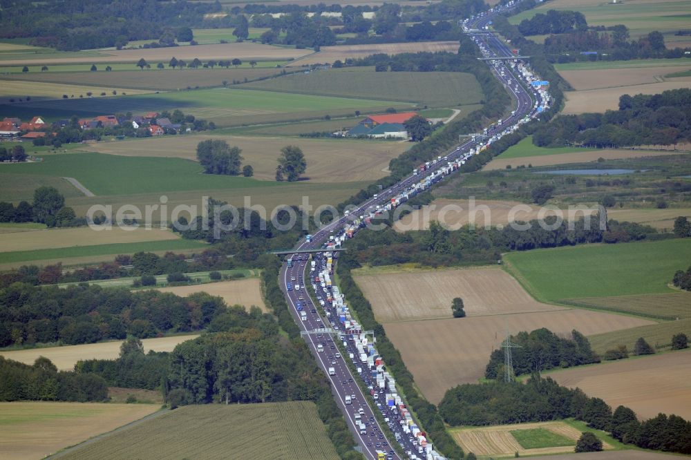 Aerial image Bad Nenndorf - Highway congestion along the route of the lanes BAB E30by truck congestion snake in Bad Nenndorf in the state Lower Saxony