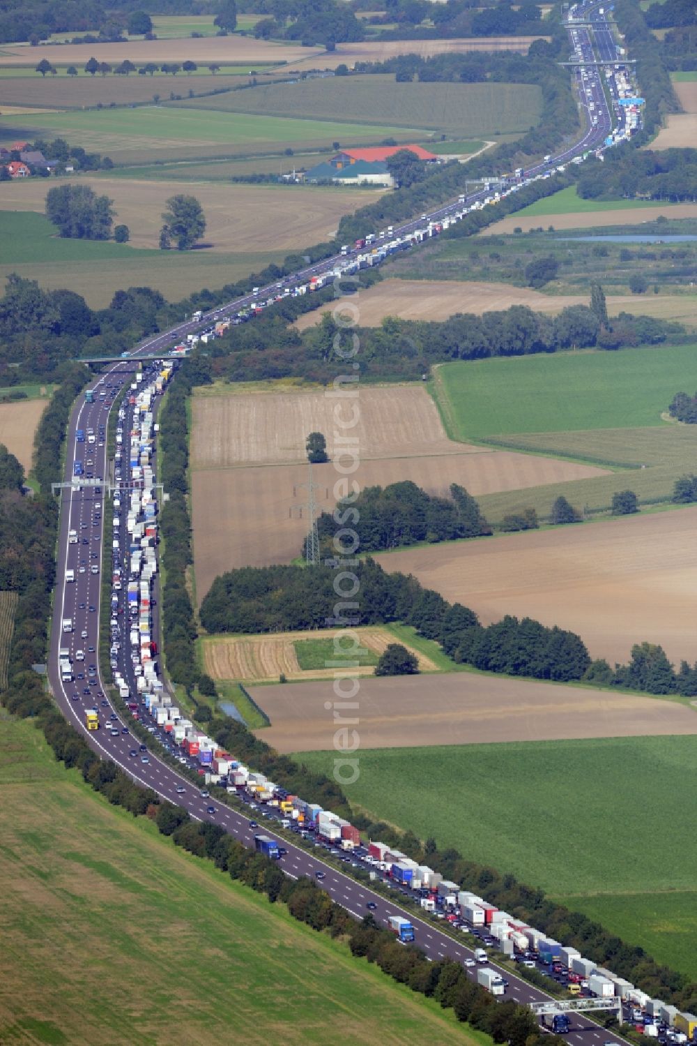 Aerial image Bad Nenndorf - Highway congestion along the route of the lanes BAB E30by truck congestion snake in Bad Nenndorf in the state Lower Saxony