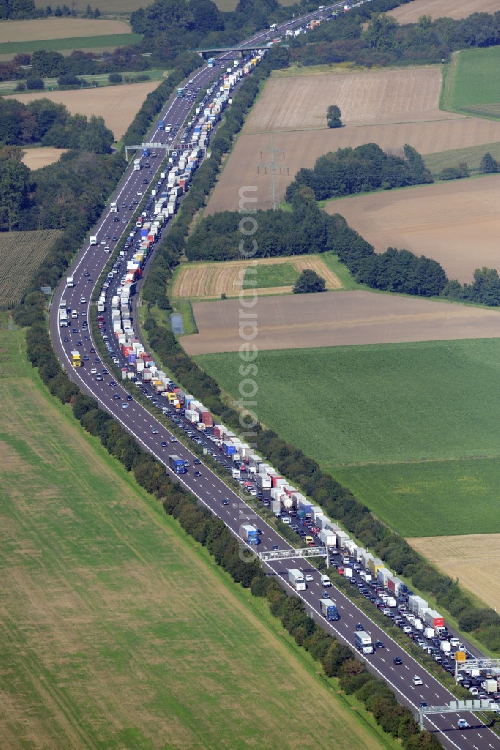 Aerial image Bad Nenndorf - Highway congestion along the route of the lanes BAB E30by truck congestion snake in Bad Nenndorf in the state Lower Saxony