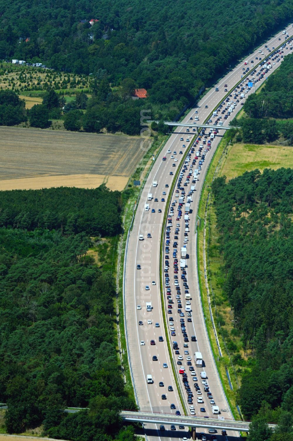 Hoheheide from the bird's eye view: Motorway congestion along the route of the lanes BAB A7 in Hoheheide in the state Lower Saxony, Germany