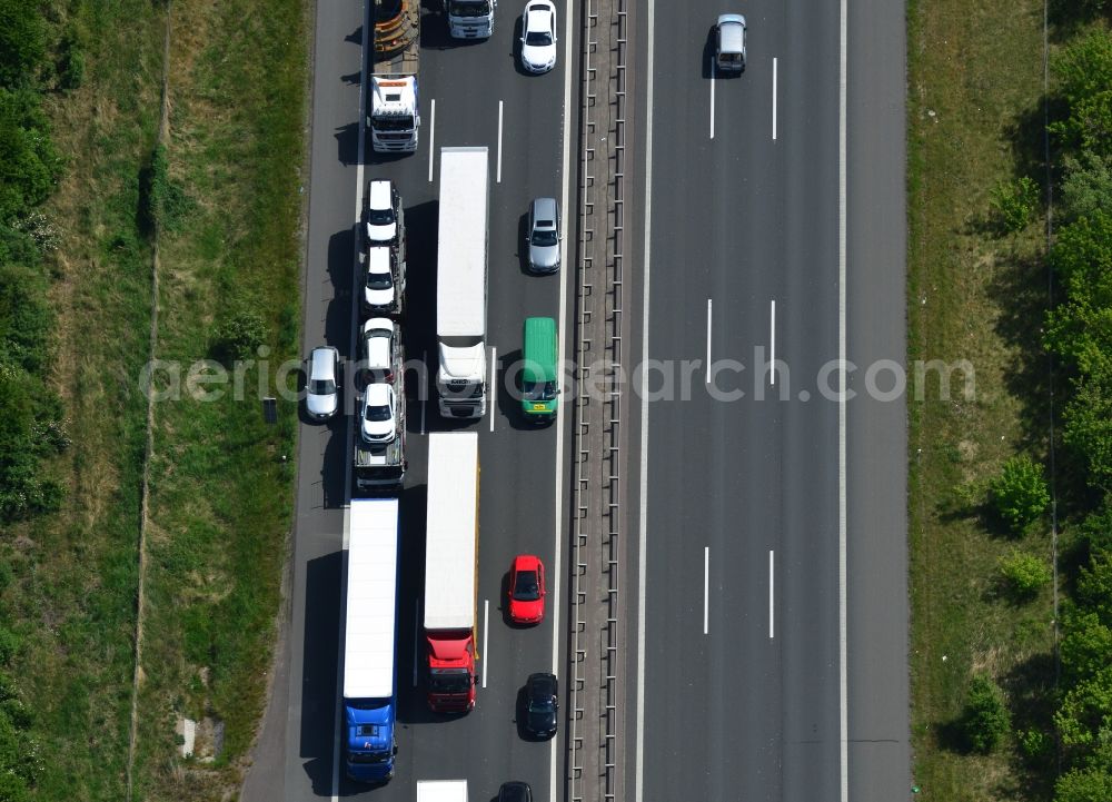 Hohenwarthe from above - Highway congestion along the route of the lanes BAB A2 - E30 in Hohenwarthe in the state Saxony-Anhalt