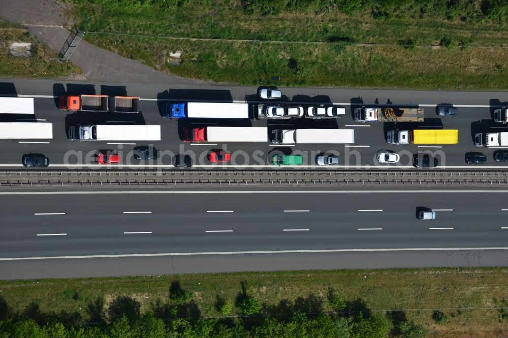 Hohenwarthe from the bird's eye view: Highway congestion along the route of the lanes BAB A2 - E30 in Hohenwarthe in the state Saxony-Anhalt