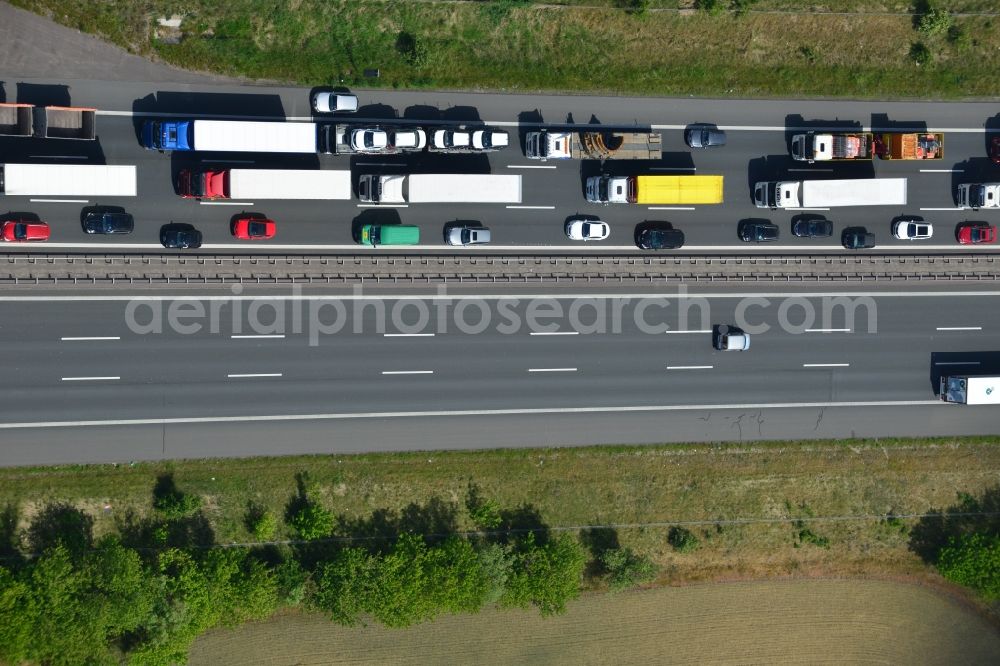 Aerial image Hohenwarthe - Highway congestion along the route of the lanes BAB A2 - E30 in Hohenwarthe in the state Saxony-Anhalt