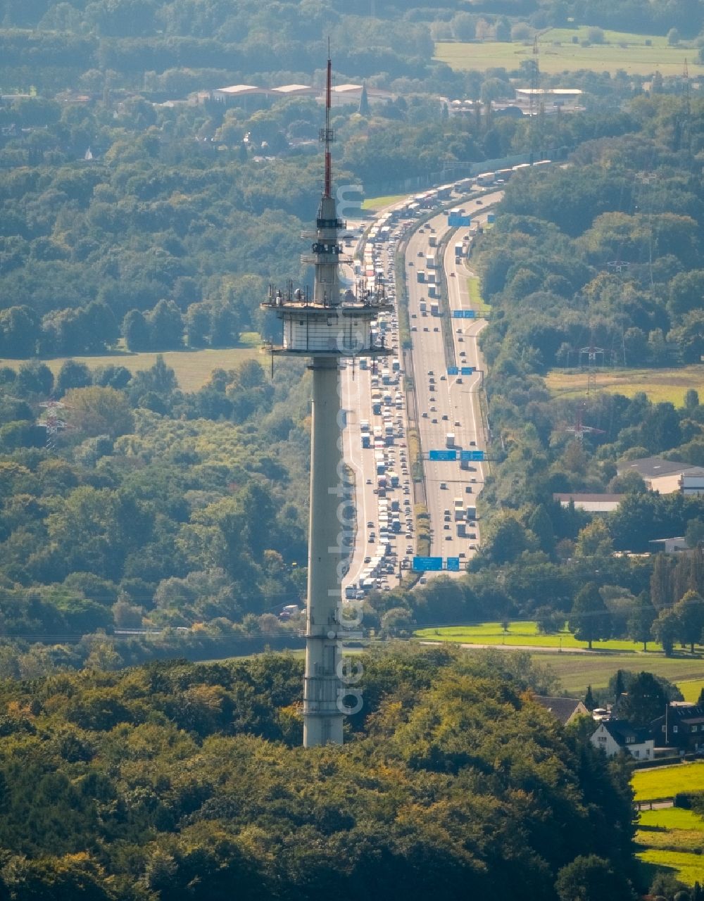 Schwerte from above - Highway congestion along the route of the lanes BAB A45 in the district Westhofen in Schwerte in the state North Rhine-Westphalia, Germany