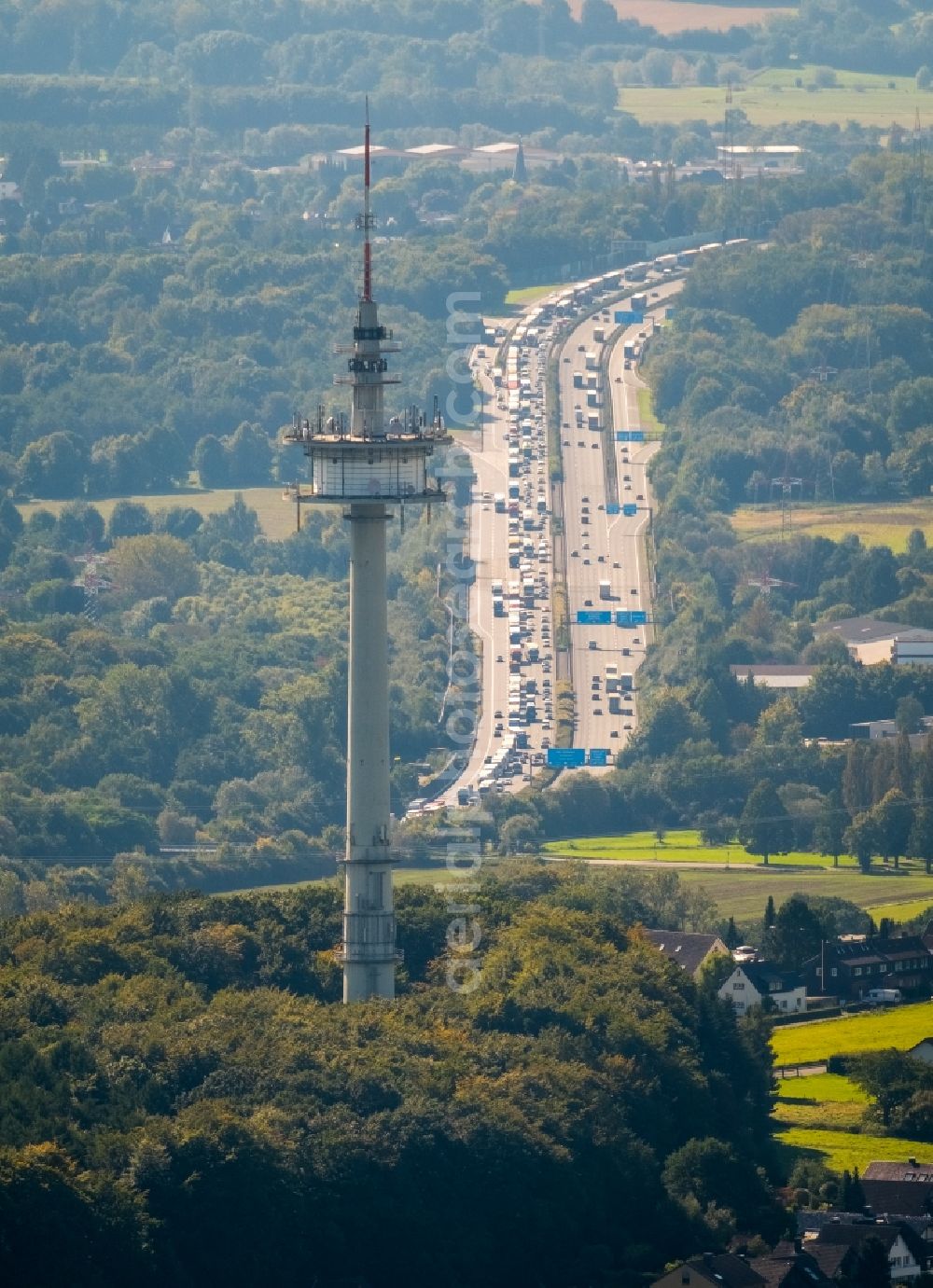 Aerial image Schwerte - Highway congestion along the route of the lanes BAB A45 in the district Westhofen in Schwerte in the state North Rhine-Westphalia, Germany