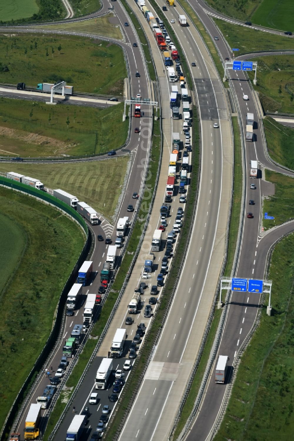 Aerial photograph Ilberstedt - Highway jam along the route of the lanes A14 at the departure Bernburg in Ilberstedt in the state Saxony-Anhalt