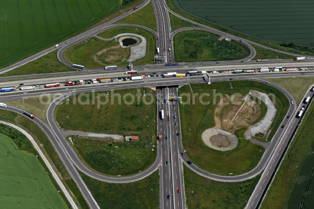 Aerial image Ilberstedt - Highway jam along the route of the lanes A14 at the departure Bernburg in Ilberstedt in the state Saxony-Anhalt