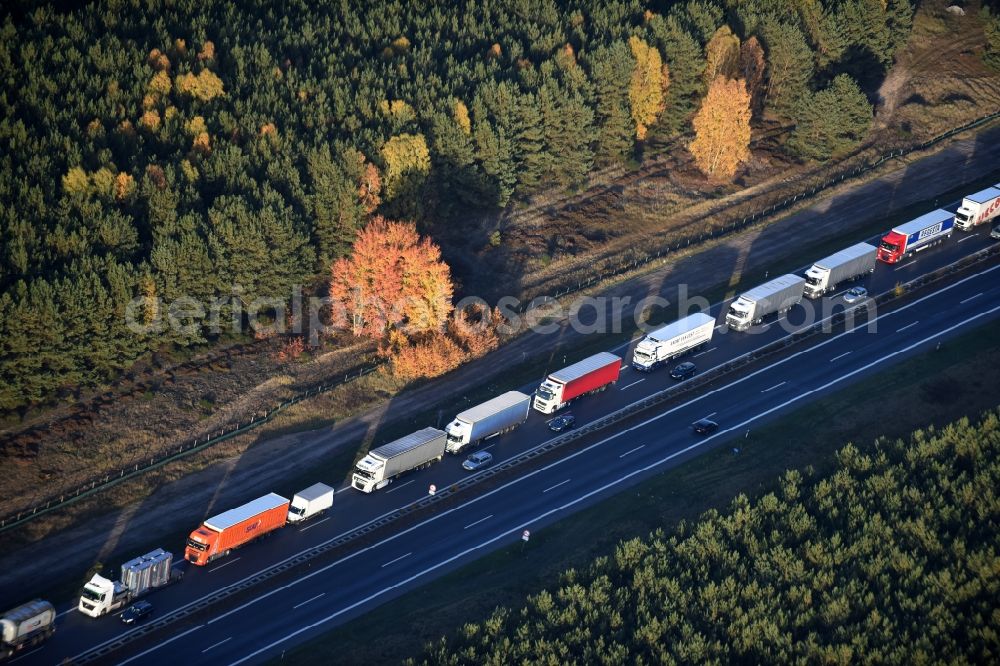 Spreenhagen from above - Highway congestion along the route of the lanes A12 E30 bei laufendem Ausbau und Spurerweiterung in Spreenhagen in the state Brandenburg