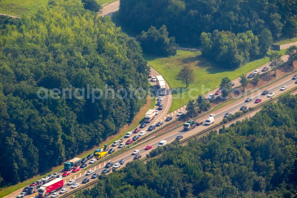 Aerial image Hagen - Highway congestion along the route of the lanes A45 at the ramp with direction to Dortmund in Hagen in the state North Rhine-Westphalia