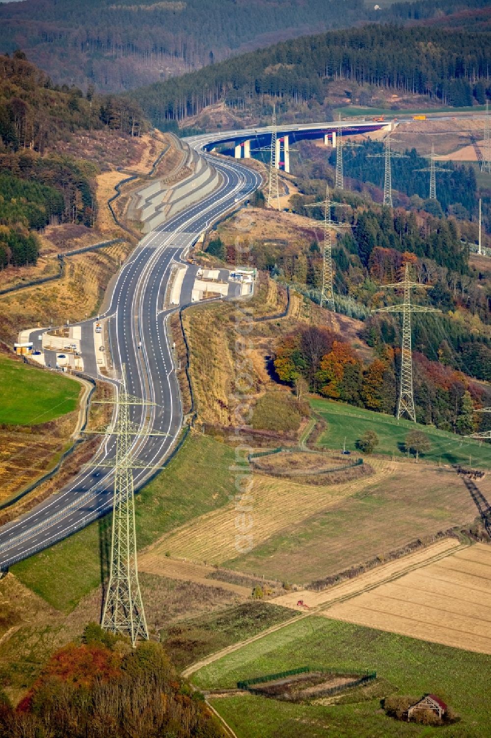 Bestwig from above - Motorway course of the BAB A46 in the district Ostwig in Bestwig in the state North Rhine-Westphalia