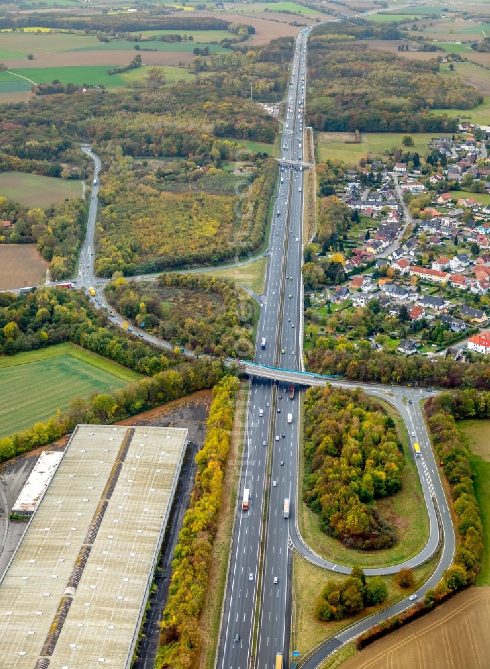 Aerial image Bönen - Highway route A2 in in Boenen in the state North Rhine-Westphalia, Germany