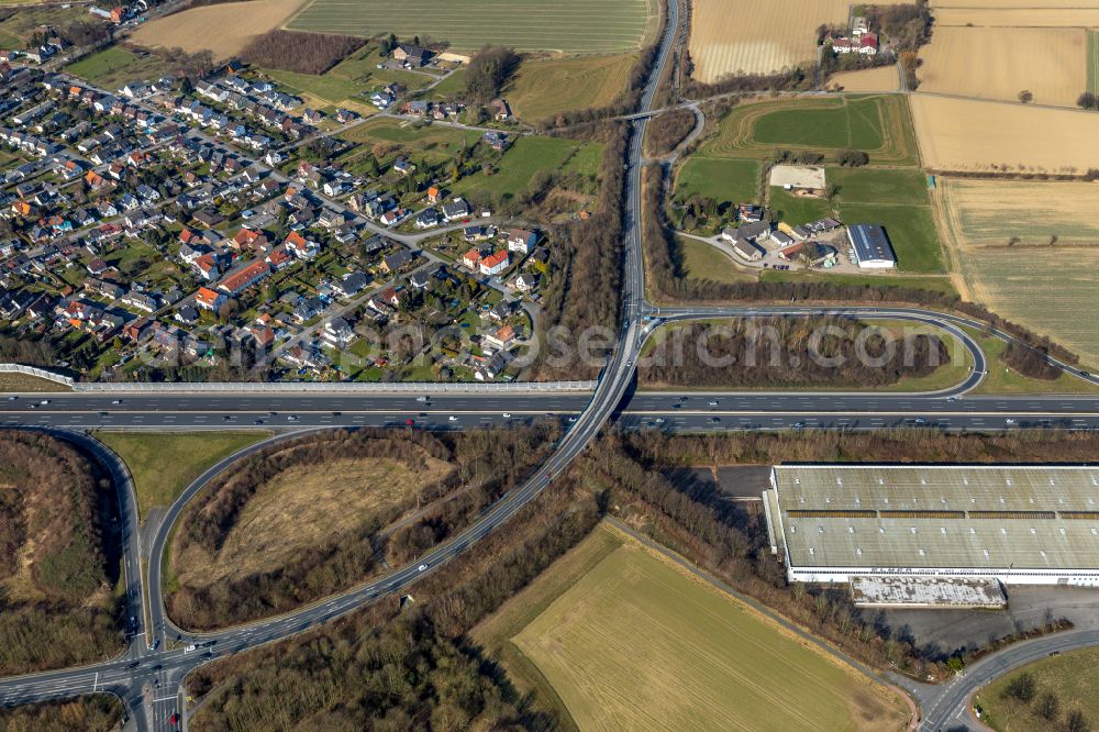 Aerial image Bönen - Highway route A2 in in Boenen in the state North Rhine-Westphalia, Germany