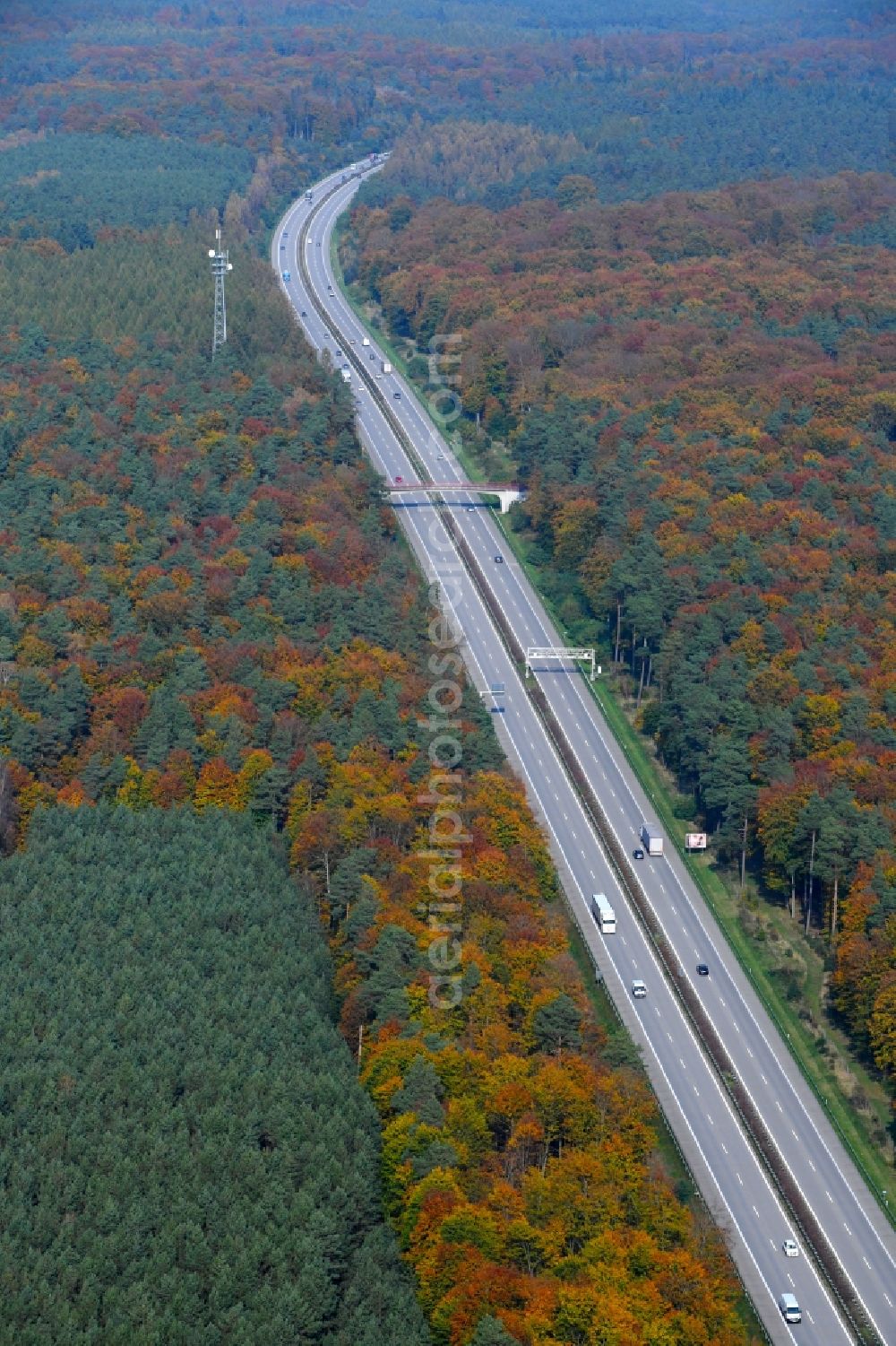 Lanke from above - Highway route BAB A14 in autumnally colored foliage - mixed forest in in Lanke in the state Brandenburg, Germany