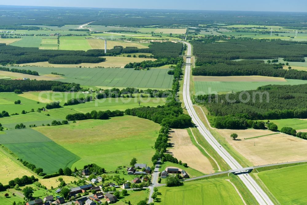 Karstädt from above - Highway distance course of the Highway route A14 with in Karstaedt in the federal state Brandenburg, Germany