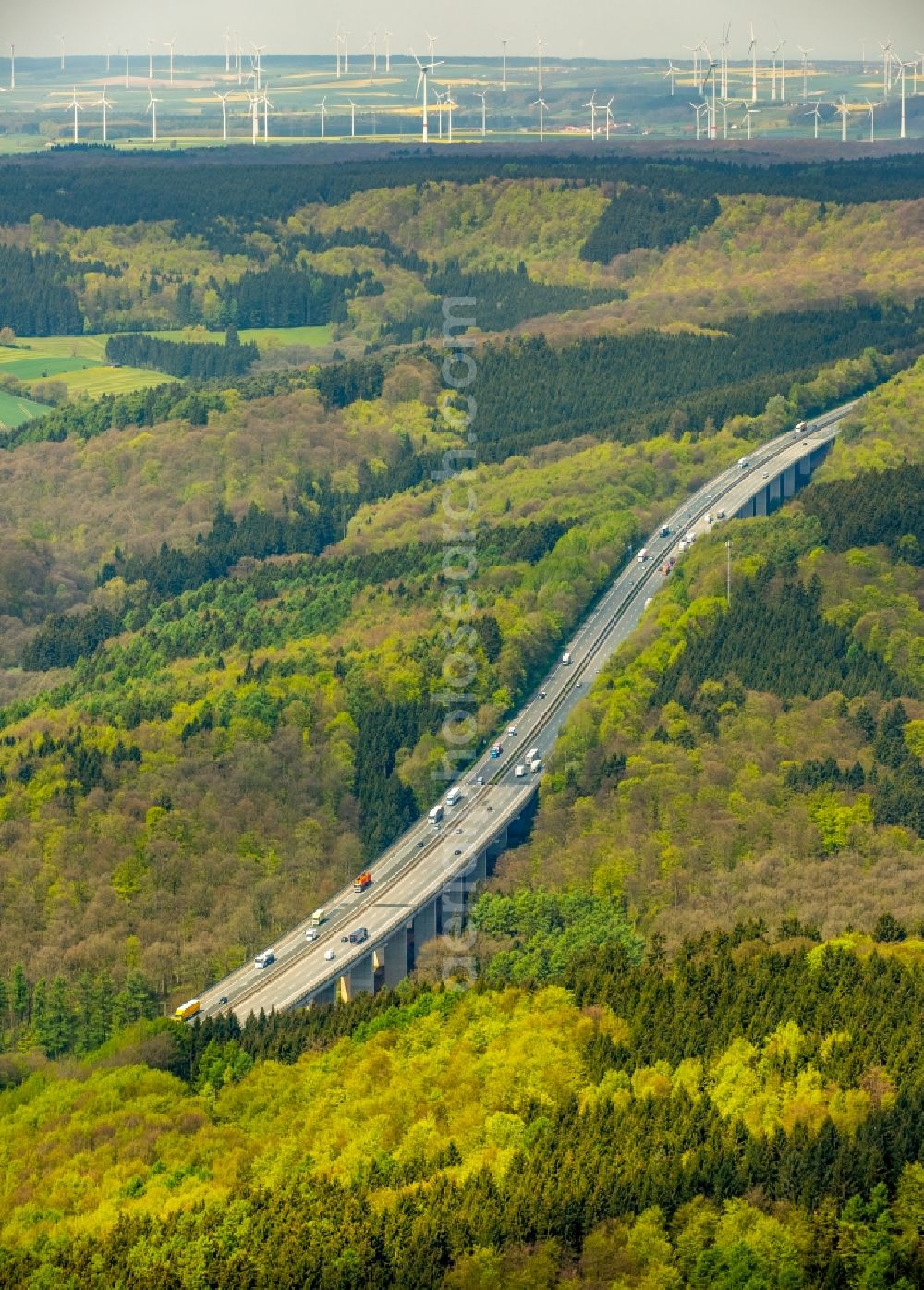 Warburg from the bird's eye view: Highway route BAB A44 in in the district Orpethal in Warburg in the state North Rhine-Westphalia, Germany