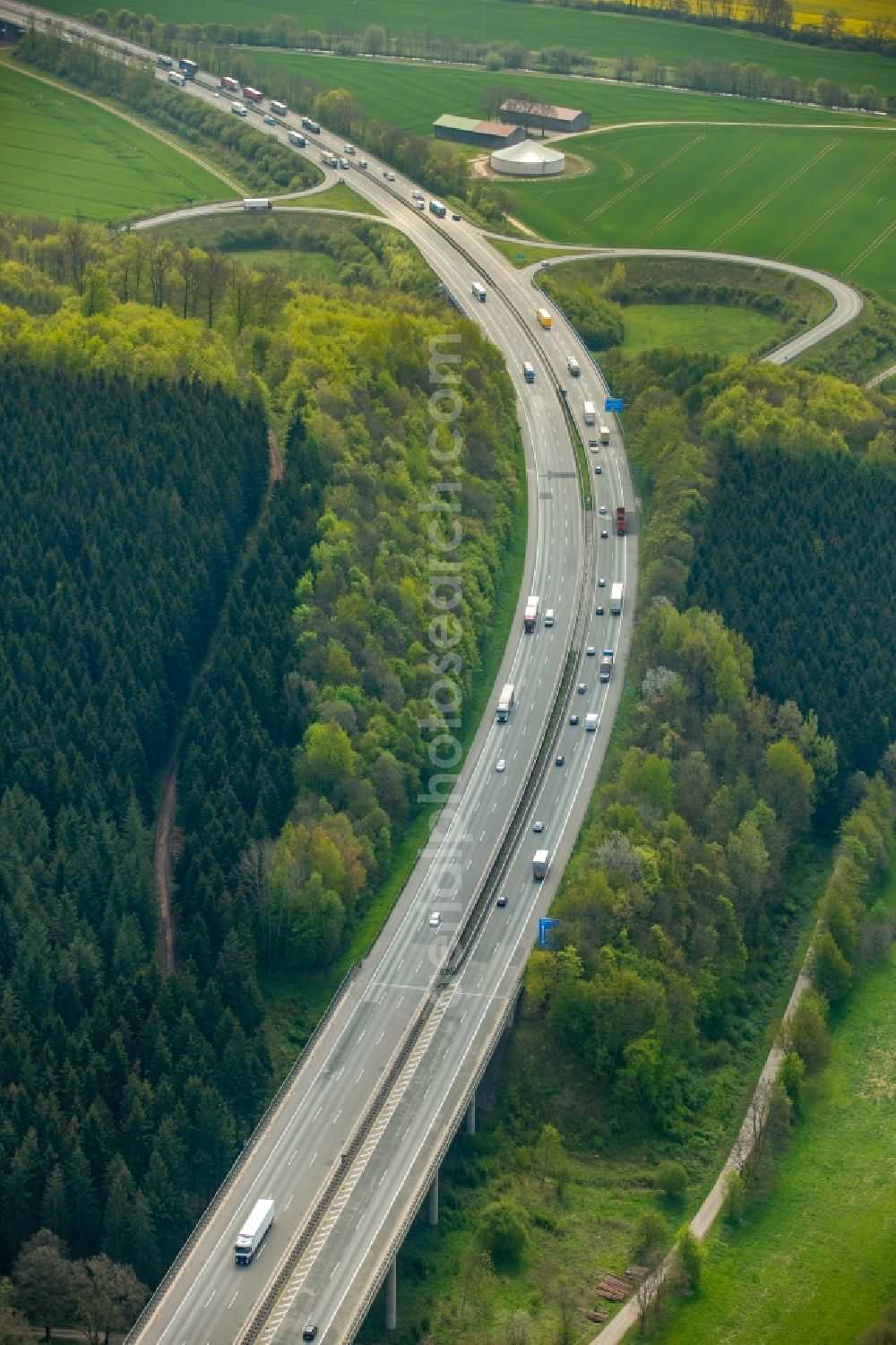 Aerial image Warburg - Highway route BAB A44 in in the district Orpethal in Warburg in the state North Rhine-Westphalia, Germany