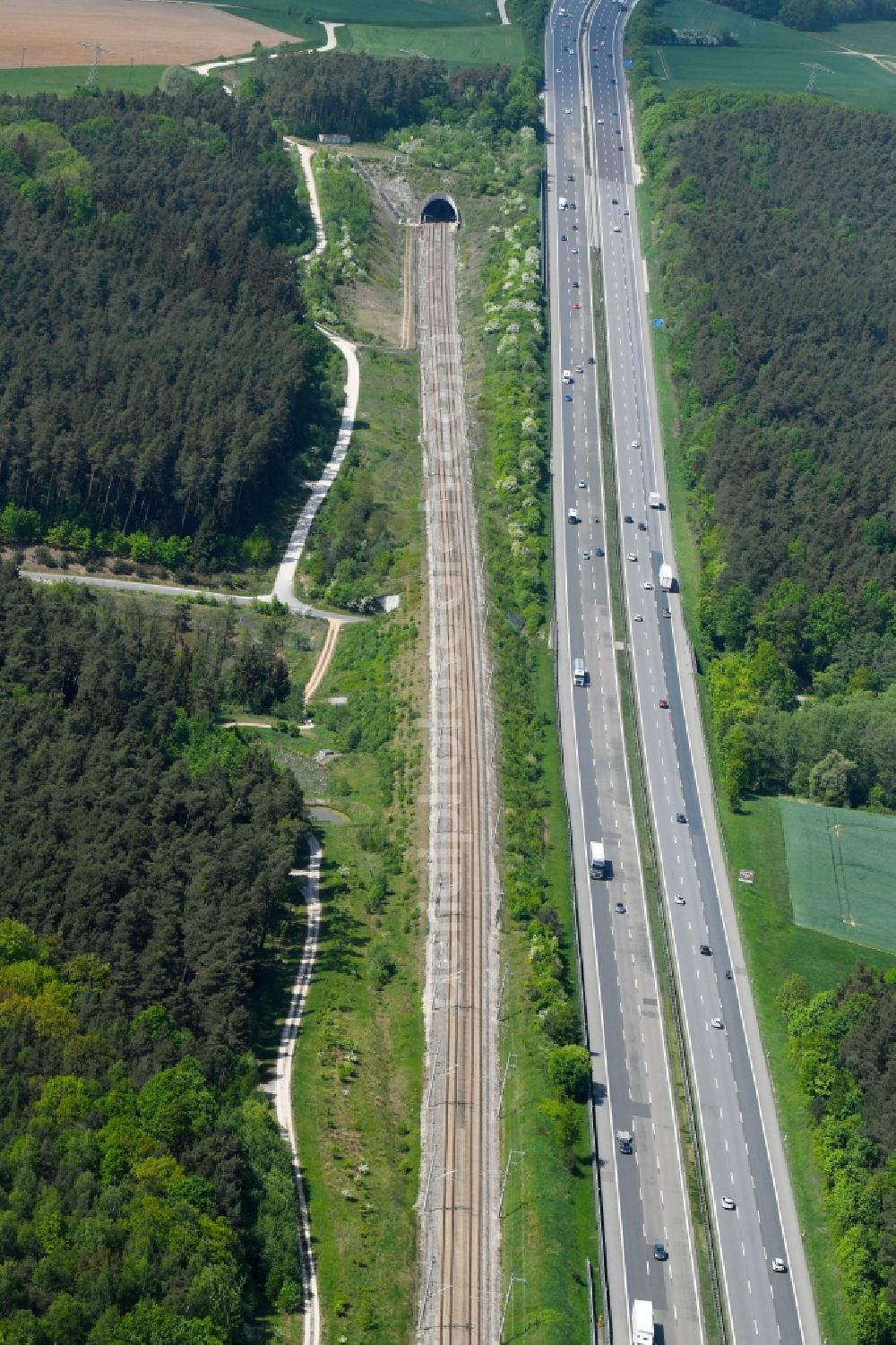 Allersberg from above - Highway route BAB A9 and of Streckenverlauf of Schnellfahrstrecke in in Allersberg in the state Bavaria, Germany