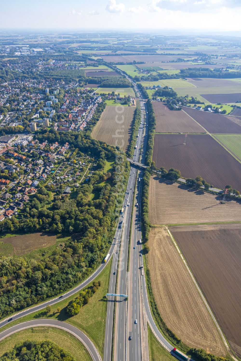 Aerial photograph Unna - Highway route Bundesautobahn BAB A44 in in Unna at Ruhrgebiet in the state North Rhine-Westphalia, Germany