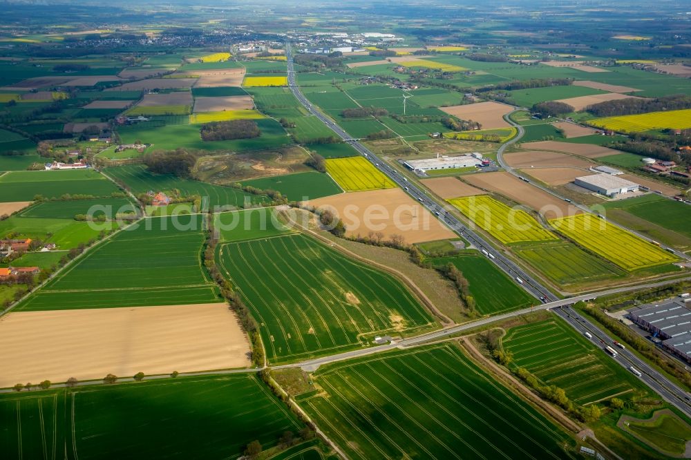 Westerbönen from the bird's eye view: Course of the federal motorway A2 between agricultural fields in Westerboenen in the state of North Rhine-Westphalia