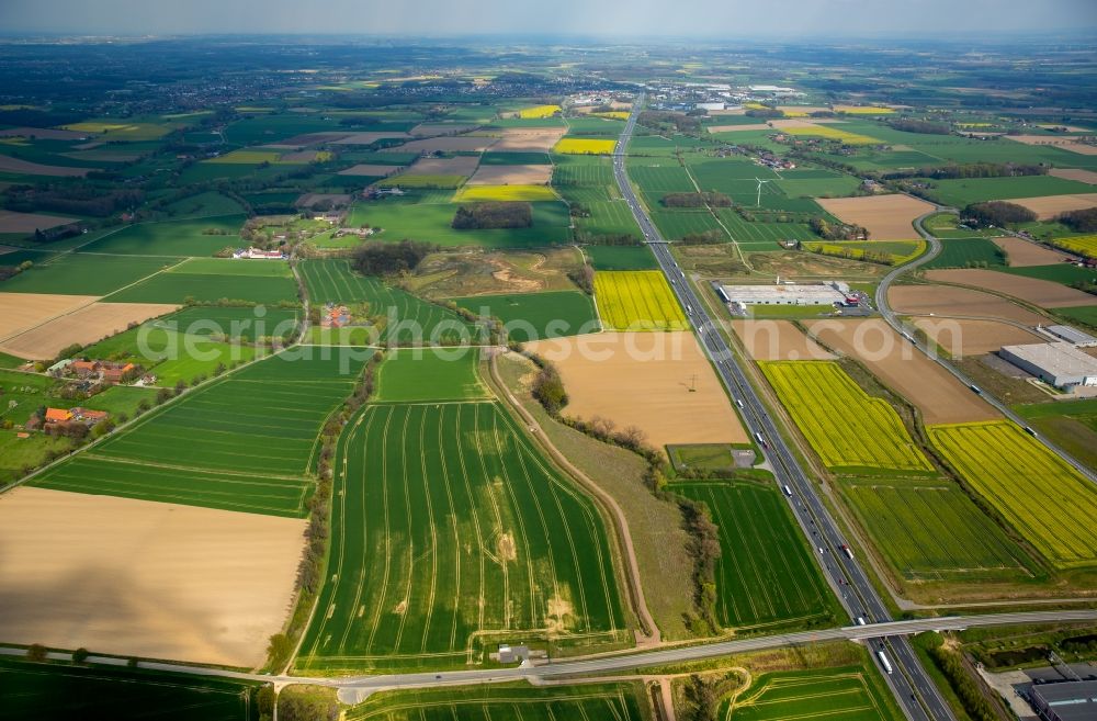 Aerial image Westerbönen - Course of the federal motorway A2 between agricultural fields in Westerboenen in the state of North Rhine-Westphalia