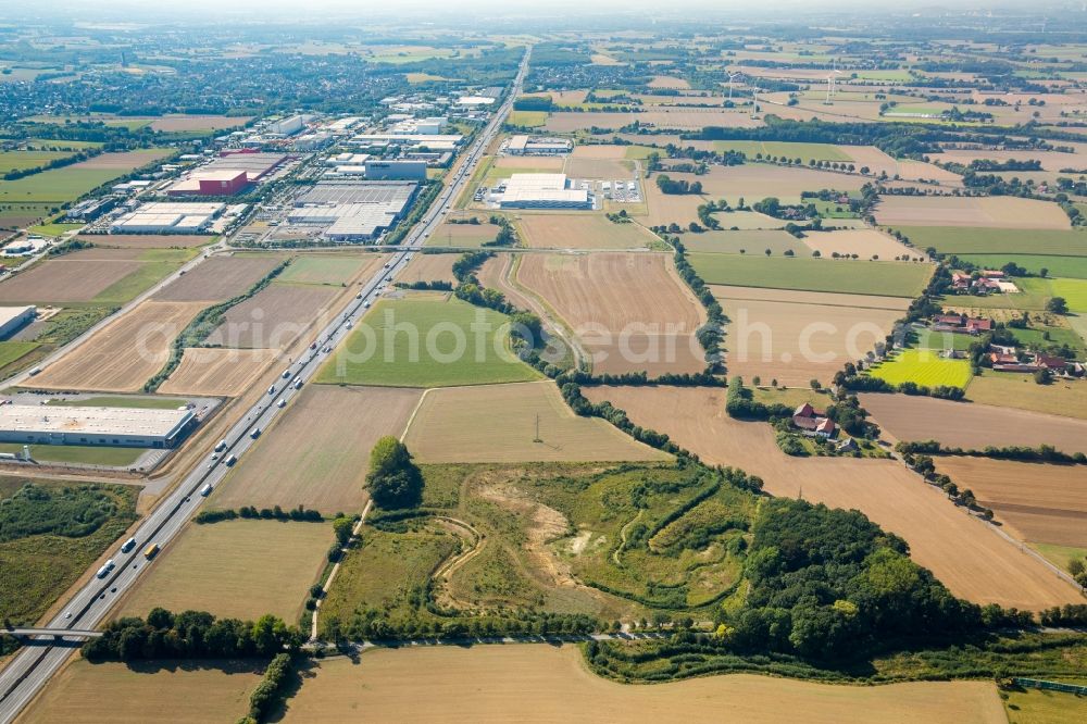 Rhynern from above - Highway route of the A2 through a field- and grasslandscape near Rhynern in the state North Rhine-Westphalia