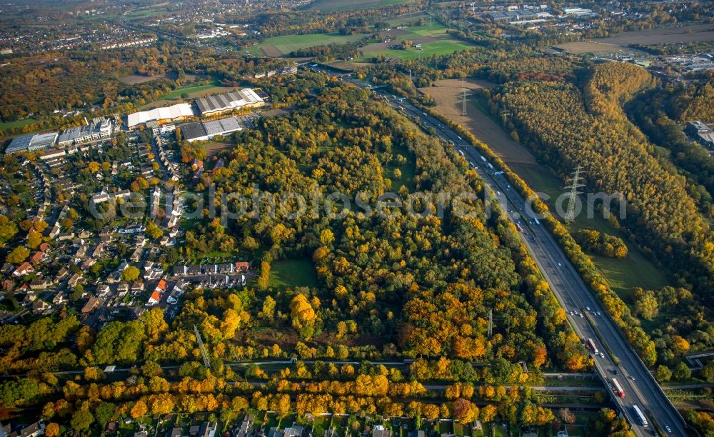 Aerial image Gladbeck - Course of the federal motorway A2 at the autumnal nature preserve area of Halde Ellinghorst in the Southwest of Gladbeck in the state of North Rhine-Westphalia. The former waste disposal site is a forest today