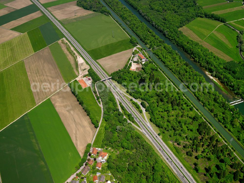 Kirchdorf an der Iller from above - Autobahn route of the BAB A 7 with Iller Canal and Iller near Kirchdorf an der Iller in the state Bavaria, Germany