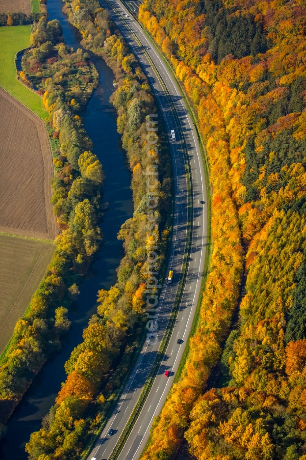 Neheim from above - Highway route A445 near the riverside of the Ruhr in Neheim in the state North Rhine-Westphalia