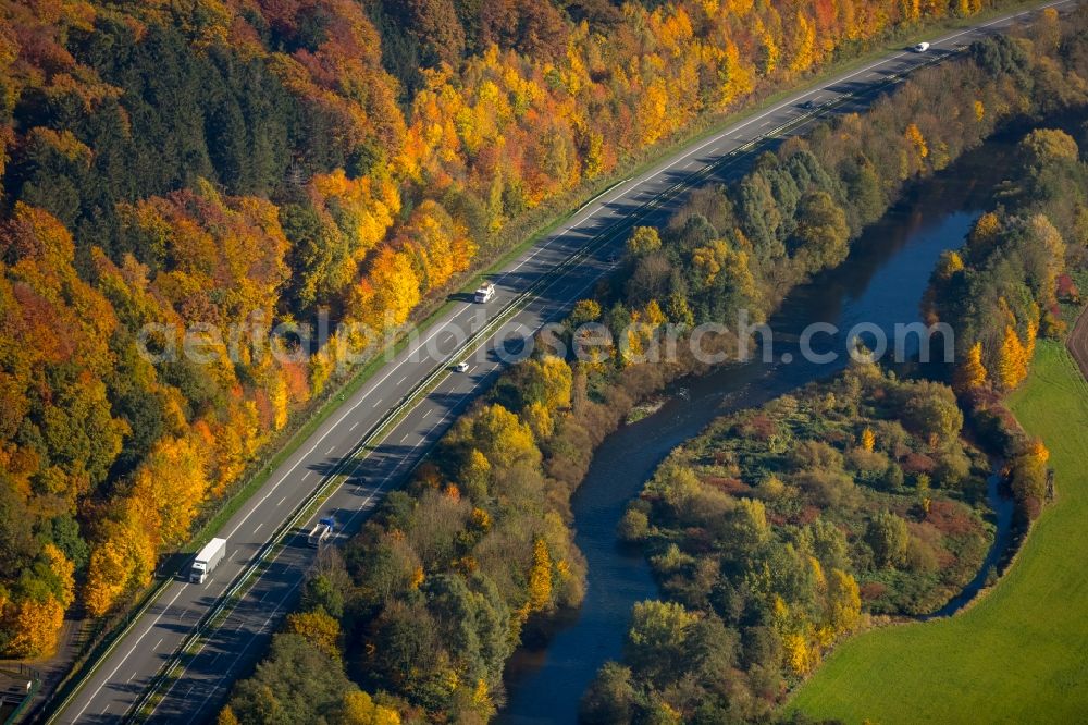 Neheim from the bird's eye view: Highway route A445 near the riverside of the Ruhr in Neheim in the state North Rhine-Westphalia