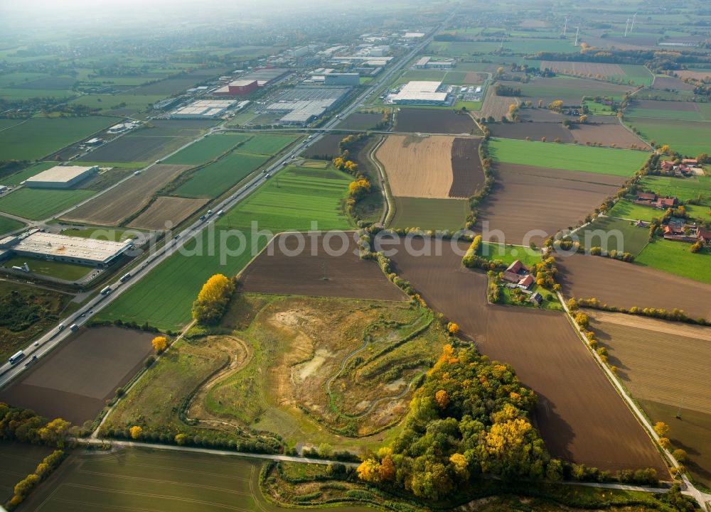 Aerial image Hamm - Federal motorway and surrounding area of the A2 in the West of the Rhynern part of Hamm in the state of North Rhine-Westphalia