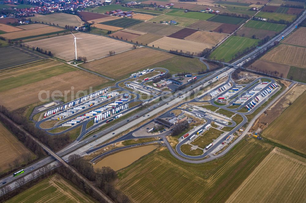 Schlückingen from above - motorway service station and parking lot of the BAB A 44 Serways Raststaette Am Haarstrang in Schlueckingen at Ruhrgebiet in the state North Rhine-Westphalia, Germany