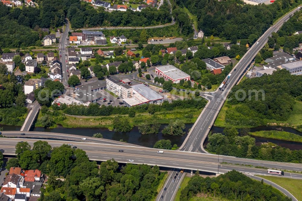 Arnsberg from above - Lanes of the motorway- route and course of the A46 ueber of Landstrasse L745 in Arnsberg in the state North Rhine-Westphalia, Germany