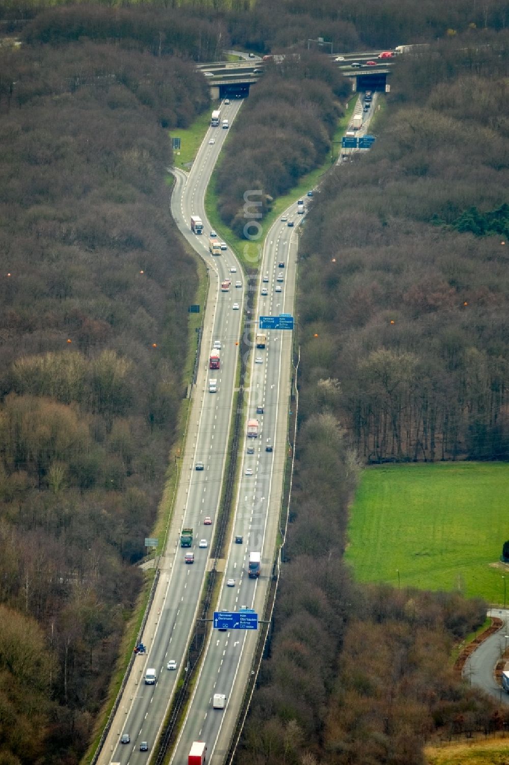 Bottrop from above - Lanes of the motorway- route and course of the A31 in Bottrop in the state North Rhine-Westphalia, Germany