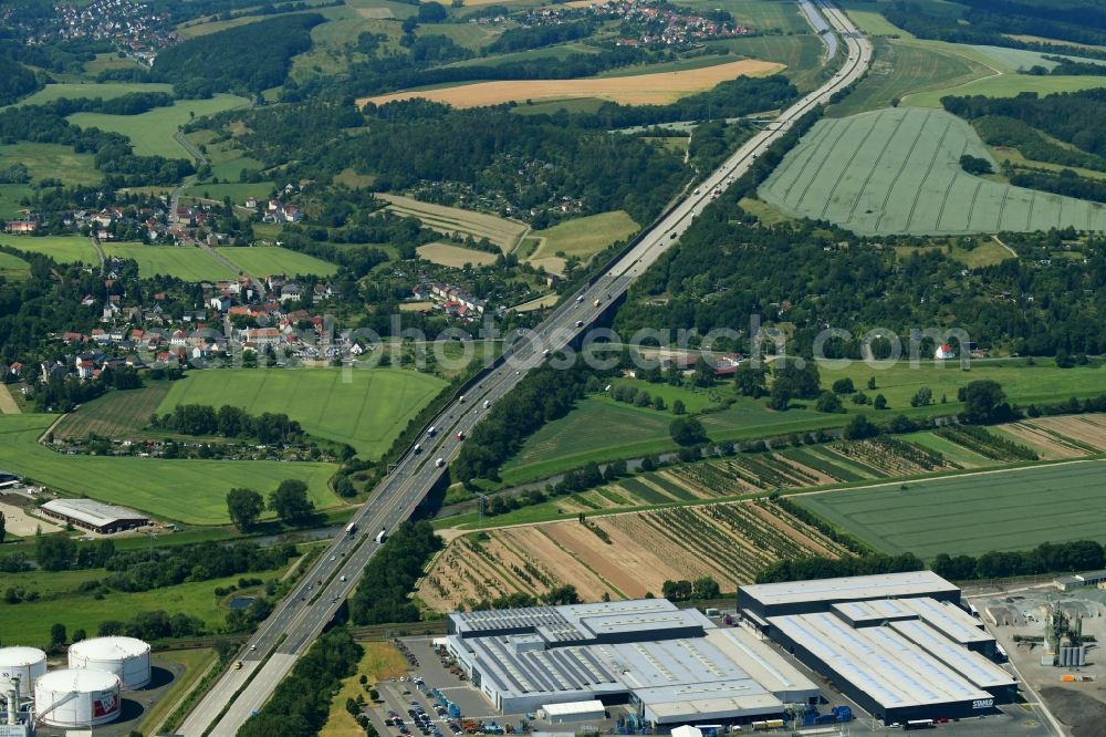 Aerial image Gera - Lanes of the motorway- route and course of the A4 in Gera in the state Thuringia, Germany