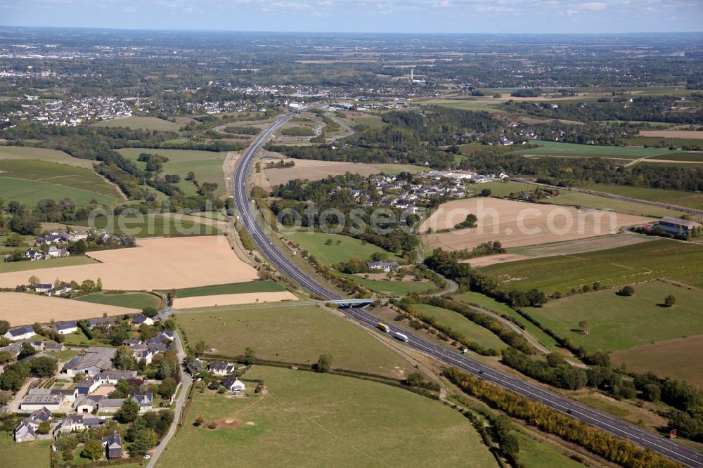 Murs Erigne from the bird's eye view: Lanes of the motorway- route and course of the French highway A 87 in Murs Erigne in Pays de la Loire, France