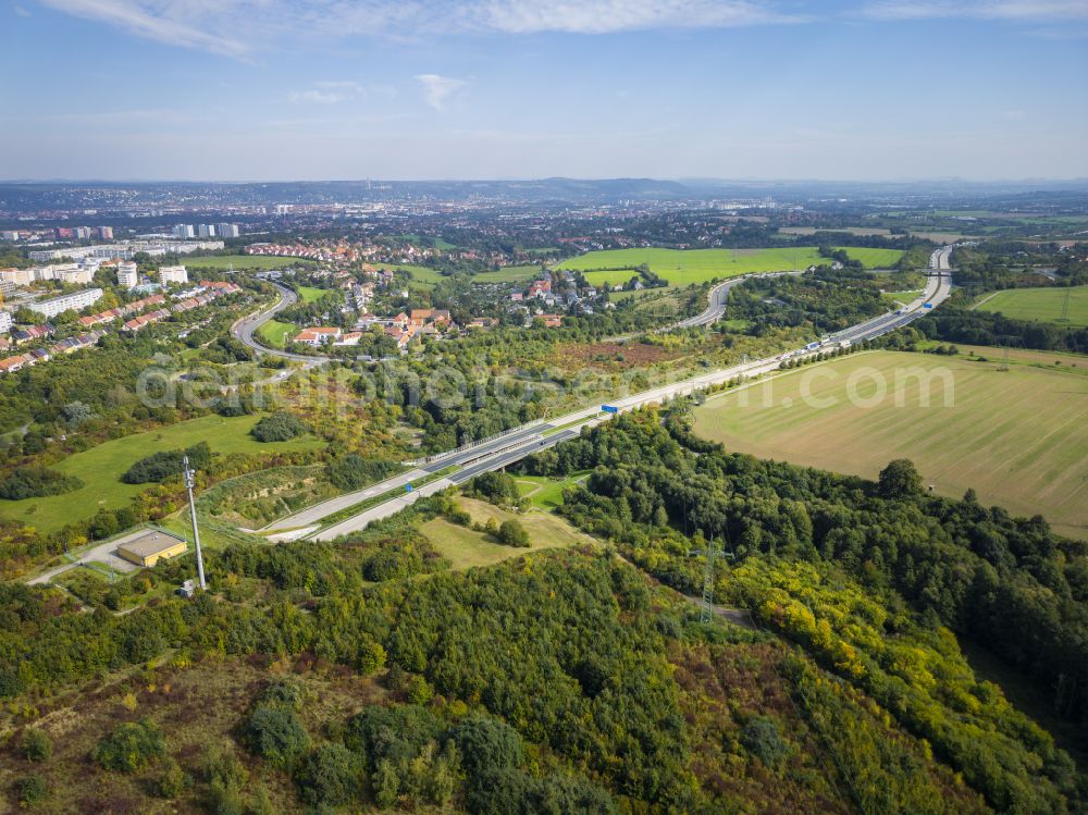 Aerial image Dresden - Routing and traffic lanes during the highway tunnel construction of the motorway A 17 in the district Coschuetz in Dresden in the state Saxony, Germany