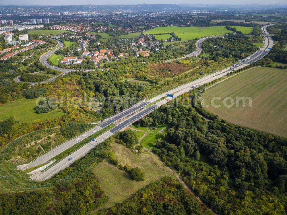 Aerial photograph Dresden - Routing and traffic lanes during the highway tunnel construction of the motorway A 17 in the district Coschuetz in Dresden in the state Saxony, Germany