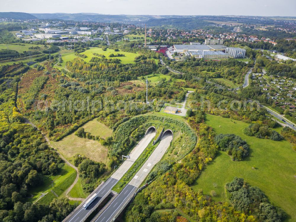 Dresden from above - Routing and traffic lanes during the highway tunnel construction of the motorway A 17 in the district Coschuetz in Dresden in the state Saxony, Germany